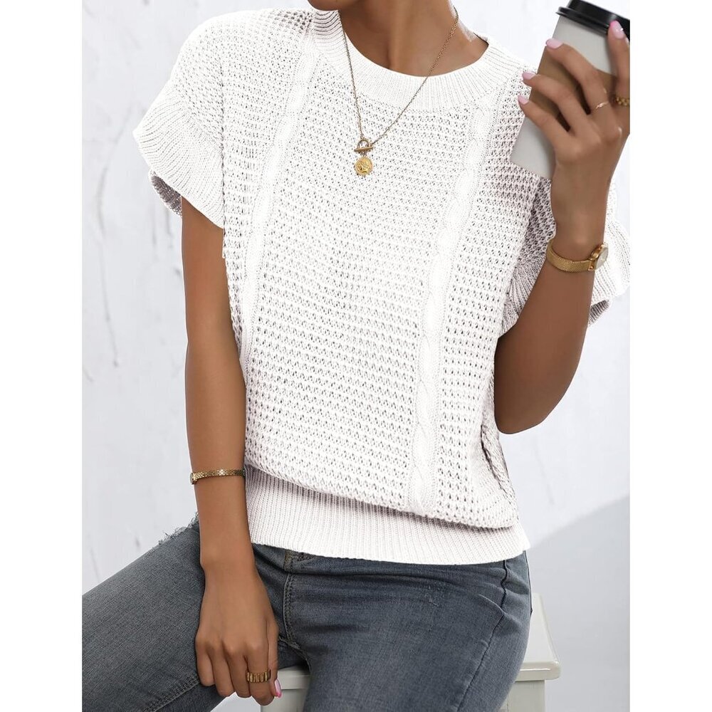 Women's Light Sweater Short Sleeve Crewneck Pullover Summer Top - Picture 3 of 4